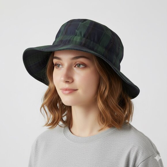 Vintage Totes Blue Green Black Watch Plaid Bucket Rain Hat - O/S - Picture 1 of 8